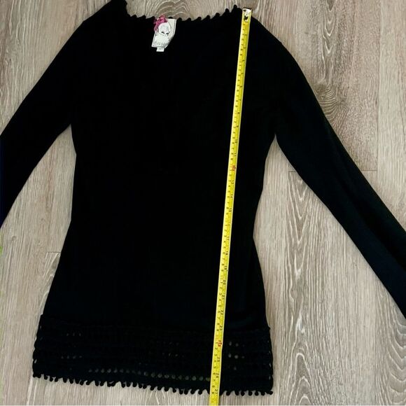 Yoana Baraschi Black V Neck Crochet Hem Cuff Tunic sweater L Indie Boho Hippie - Picture 11 of 14